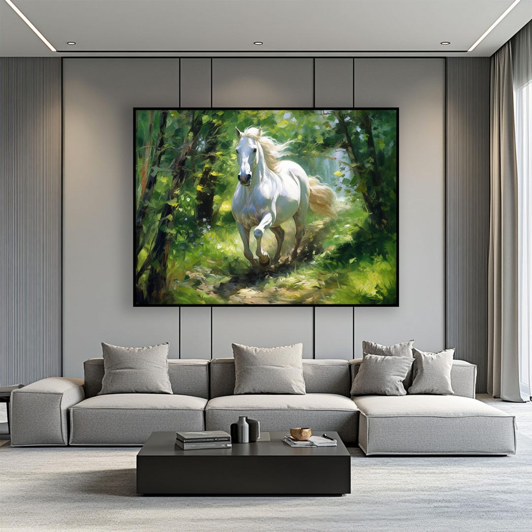Handmade White Horse Oil Painting: Textured Abstract Forest Art - Etsy