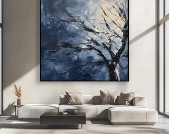 Textured Winter Tree Oil Painting: Night Blue Abstract Art