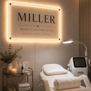 以下が含まれることがあります： 温かみのあるLEDバックライト付きの長方形の壁看板には、MILLER BEAUTY AESTHETIC CO. ENHANCE REFINE EMPOWERという文字が表示されています。その下には、丸めたタオルが置かれた白い施術用ベッドと、スキンケアボトルが並ぶゴールドの金属製カートがあります。