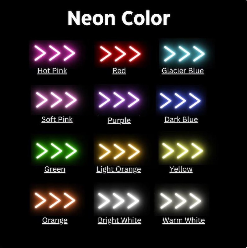 Puede incluir: Un gr&aacute;fico que muestra diferentes colores ne&oacute;n con las palabras "Neon Color" en la parte superior. Los colores son: rosa intenso, rojo, azul glaciar, rosa suave, morado, azul oscuro, verde, naranja claro, amarillo, naranja, blanco brillante y blanco c&aacute;lido.