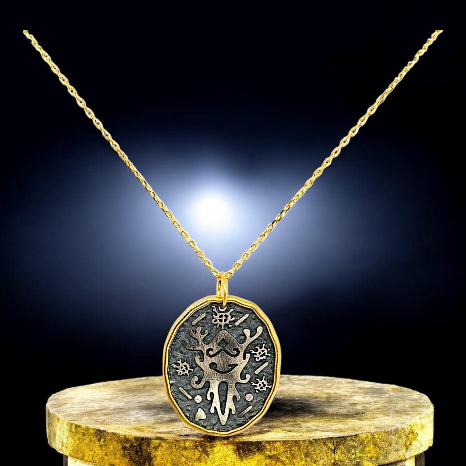 Mystical Oxidized Silver Symbol Pendant Necklace, Gold-Plated Handmade Talisman Jewelry