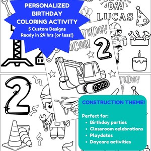 Personalized Construction Birthday Coloring Pages - Printable Party Activity for Kids, Excavator, Dump Truck & Crane Theme, Instant Download