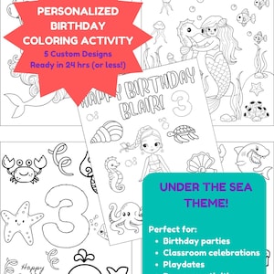 Personalisierte Meerjungfrau Geburtstag Malvorlagen, unter dem Meer Printable Party Favors, Kinder Aktivität Seiten