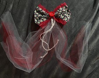 large cherry hair bow w tulle