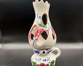 Vintage Hand-painted Ceramic Tealight Lantern - Made in Portugal - 9"T x 4.5"W