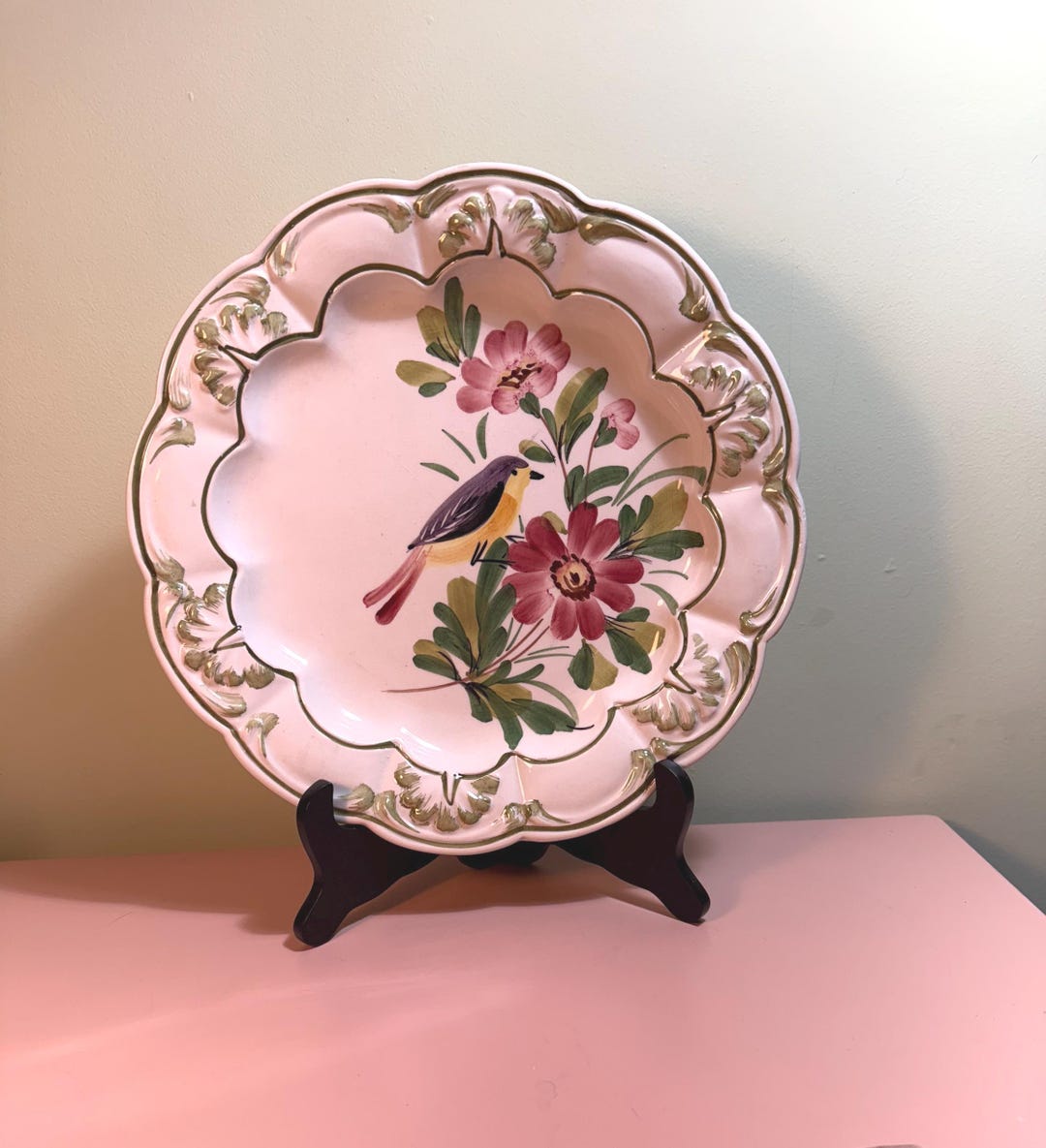 Nora Fenton Hand-painted Bird & Floral Decor Plate, Made in Italy