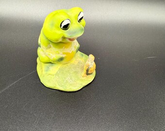 Small Vintage Josef Originals Frog On Lily Pad With Turtle Porcelain Figurine
