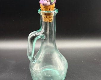 Vintage Italian Glass Oil Vinegar Cruet, Light Green Tint, Grape Cork Stopper