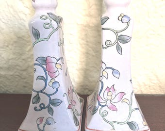 Hand-painted Chinoiserie Candlestick Holders: Vintage Ceramic Floral, 8.5" Romantic Decor
