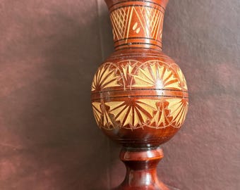 7.5" Hand Carved Wooden Vase: Large Ornate Etched Wood Candlestick holder, brush holder