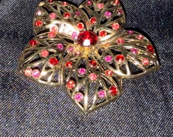 Liz Claiborne Rhinestone Flower Pin: Retro Red & Pink Brooch