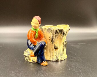 Japan Ceramic, Girl Sitting by Stump Planter Pot, Garden Flower, Foliage, Cactus