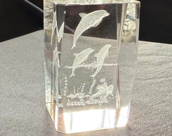 3D Laser Etched Crystal Dolphins Paperweight: Myrtle Beach Souvenir