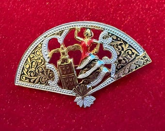 Vintage Spanish Damascene brooch, fan-shaped pin with Spanish Flamenco dancer