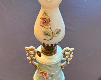 Vintage Dee Bee Co. Porcelain Oil Lamp, Pink Roses, Shabby Chic Decor