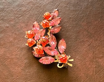 Vintage Barbie Pink Navette Juliana D&E Style Rhinestone Floral Spray Brooch