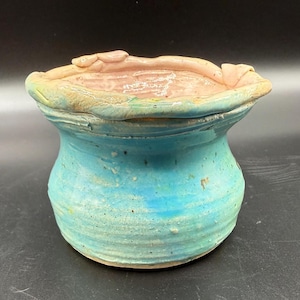Handmade Turquoise Pottery Vase: Folk Art Stoneware, Signed Tryne