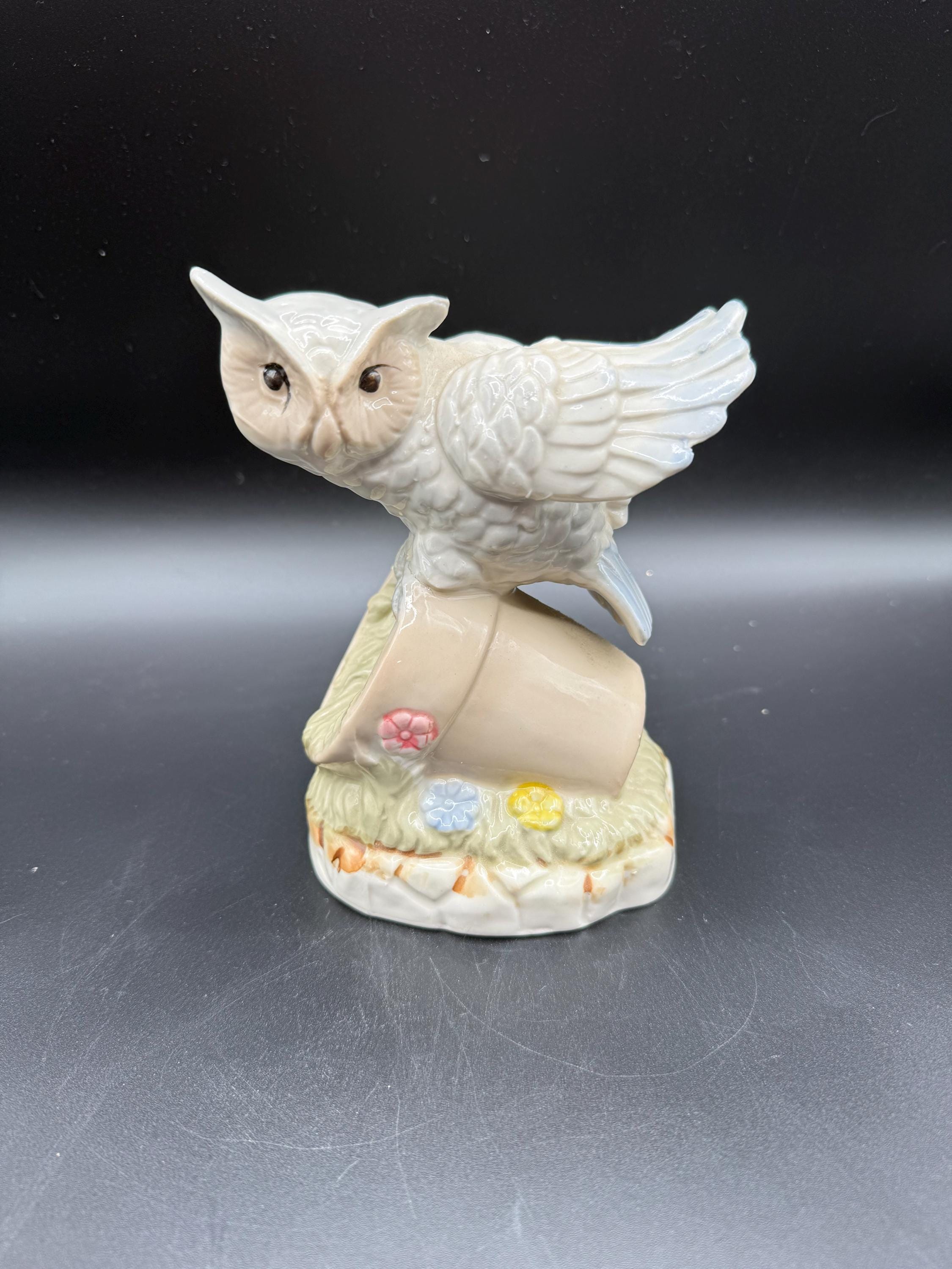 Vintage Art Mark Hand-Painted Ceramic Owl Perched on Flower pot Figurine