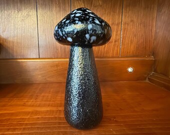 Vintage Art Glass Mushroom: Black Sheen Dappled Cap