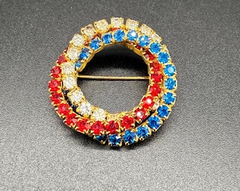 Spiral Circle Brooch Red White Blue Crystal Strands On Gold Tone Metal