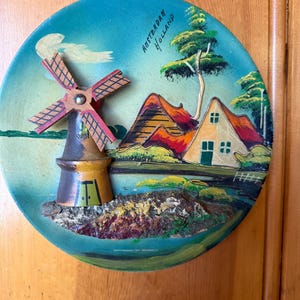Vintage Dutch Windmill Folk Art Wall Hanging - Signed Amsterdam Holland