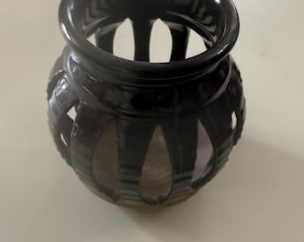Studio pottery cutout tea light / candle lantern holder handmade by the American stoneware artist John Mills of Brown County Pottery.