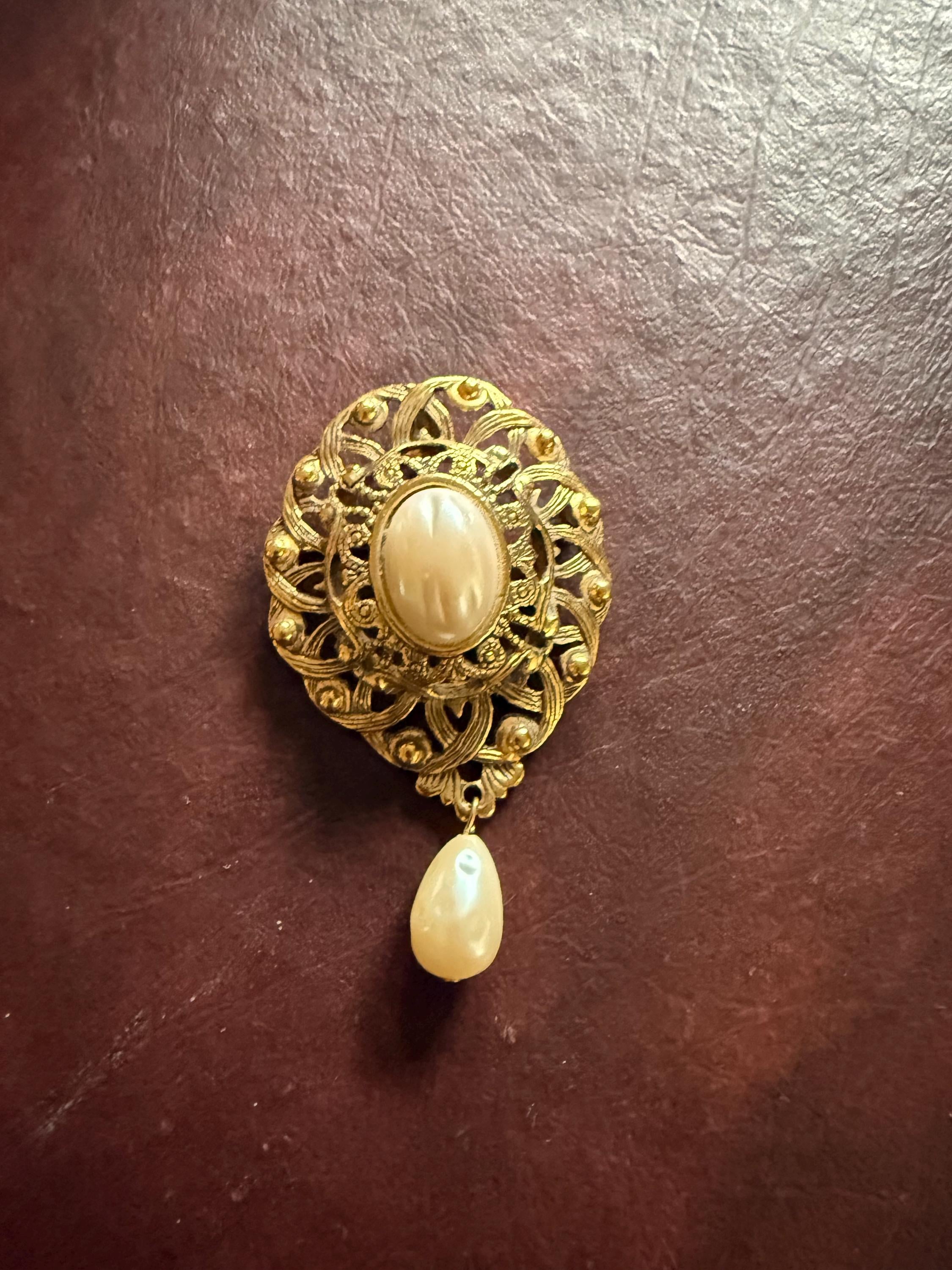 Vintage Filigree Oval Brooch Pendant with Faux Pearl Drop Accent