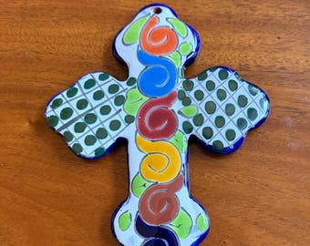 Vintage Hand-Painted Art Pottery Talavera Cross: Multicolored Ceramic Wall Decor (8x7")