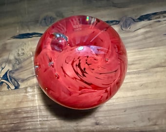 Vintage 1960s Red Controlled Bubble Glass Paperweight MCM