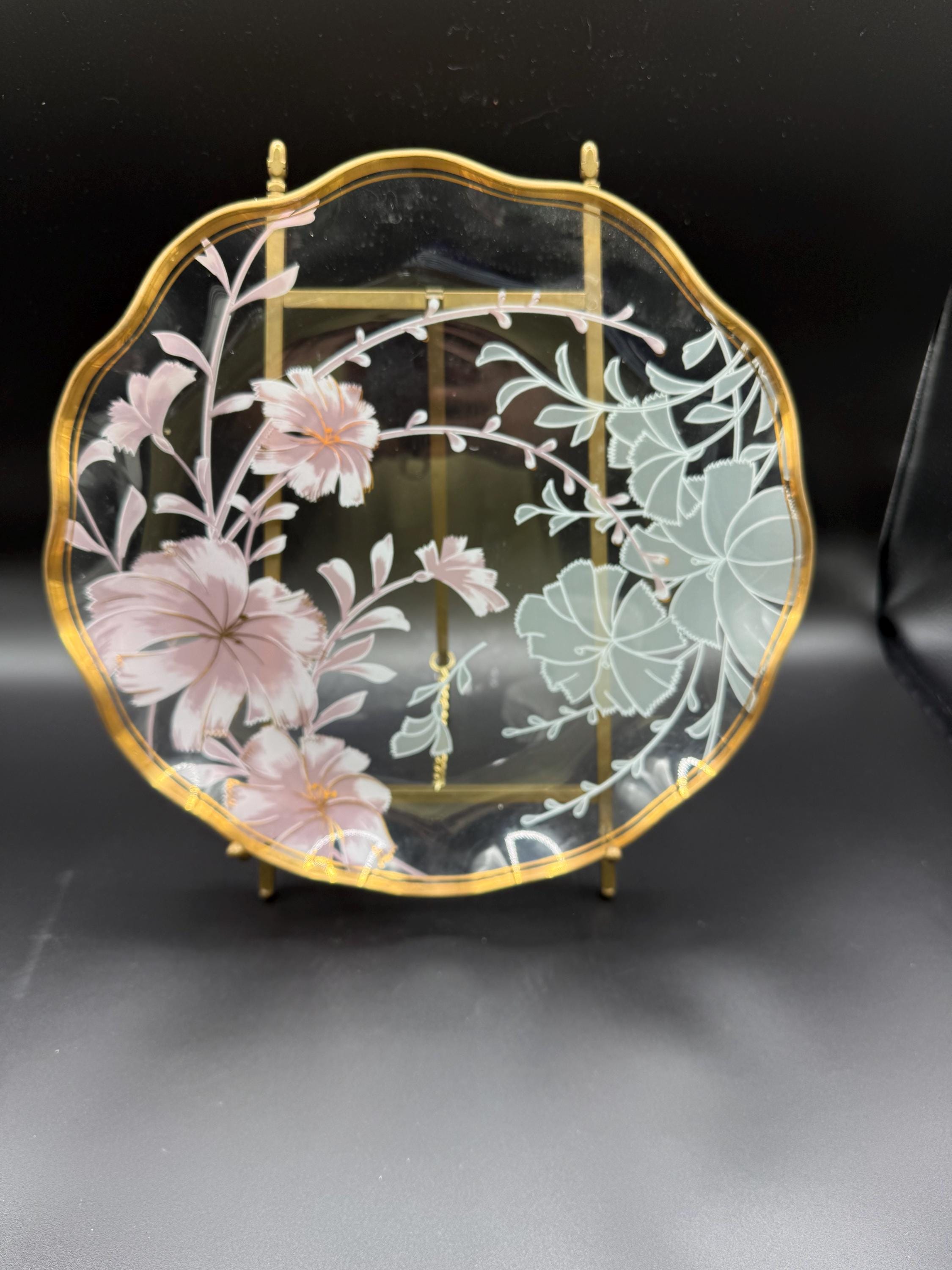 Lefton Clear Glass Hand Painted Hibiscus Flowers Wave Dish 11