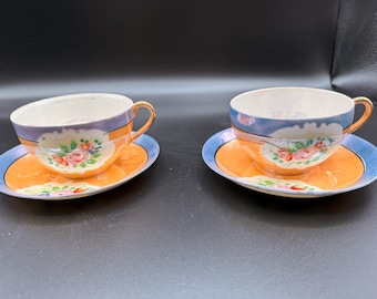 Romantic Japanese Rose Lusterware Tea Cup Saucer Hand painted Set of 2 (4pcs ) Japan