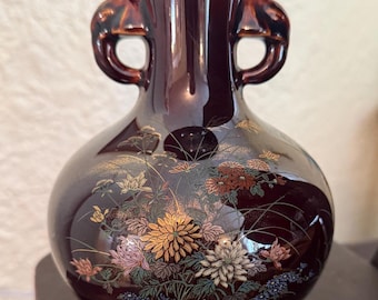 Yamaji Japanese Porcelain Vase, Elephant Handles, Chrysanthemum Floral Design (1970s)