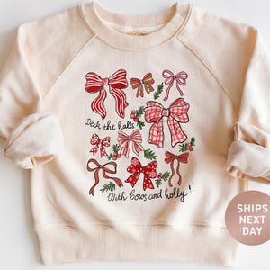 Deck the Halls Sweatshirt: Coquette Merry Christmas Natural Kids Pullover, Girls Gift