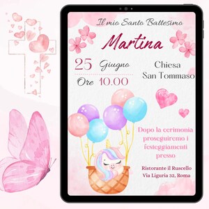Invito Digitale Personalizzato per Festa di Battesimo Bambini - Tema unicorno