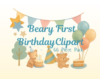 Beary First Birthday Clipart | Teddy Bear PNG Bundle | Woodland Party, Nursery Wall Art, Birthday Decorations & Printable Designs