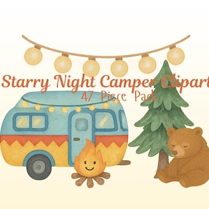Pacote de Cliparts de Campista Noite Estrelada | PNGs para download instantâneo | Feliz Aniversário para um Campista | Imagens em Aquarela | Clipart para Artesanato e Cartões