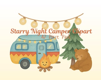 Starry Night Camper Clipart Pack | Camping Bachelorette, First Birthday, Watercolor Clipart, One Happy Camper, Camping PNG, Clipart Bundle