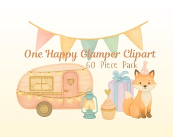 Happy Glamper Clipart Pack | Camping Bachelorette, First Birthday, Watercolor Clipart, One Happy Camper, Camping PNG, Clipart Bundle