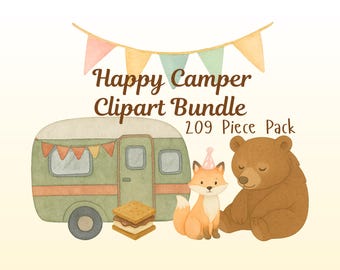 Happy Camper Clipart Pack Bundle | Camping Bachelorette, First Birthday, Watercolor Clipart, One Happy Camper, Camping PNG, Clipart Bundle