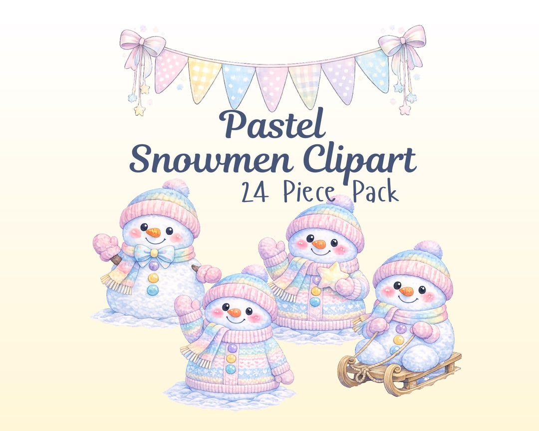 Pastel Snowman Watercolor Clipart, Cozy Winter Snowmen PNG, Nursery