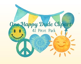 One Happy Dude Clipart Pack | First Birthday, Nursery Wall Art, Watercolor Clipart, First Birthday Boy, Clipart Bundle, Birthday Clipart
