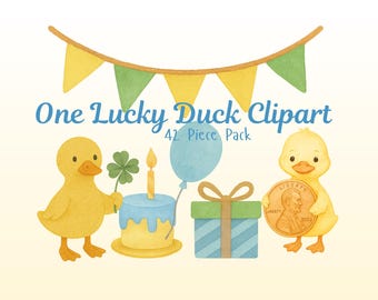 En lycklig anka Clipart-paket | Första födelsedag, väggkonst för barnrum, akvarell clipart, 1-årsfest, clipart-paket, födelsedagscliparts