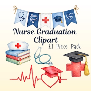 May include: A digital illustration set featuring a banner with medical icons, a stack of books topped with a nurse cap, a stethoscope, a graduation cap on a red cross, and a red heart-shaped EKG line. Text reads Nurse Graduation Clipart 21 Piece Pack.