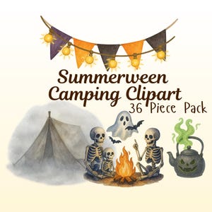 May include: A watercolour illustration titled 'Summerween Camping Clipart'. The image shows a tent, skeletons around a campfire, a ghost, bats, and a spooky teapot. A banner with lights hangs above the scene.