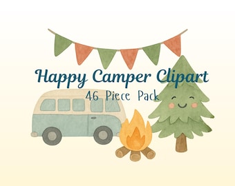Happy Camper Clipart Pack | Camping Bachelorette, First Birthday, Watercolor Clipart, One Happy Camper, Camping PNG, Clipart Bundle