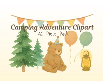 One Happy Camper Clipart Bundle | Watercolor Camping PNGs | Adventure Birthday, Camping Party, Tent, Bonfire, Nature & Outdoor Designs