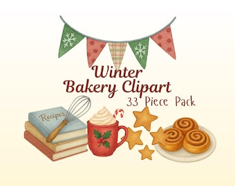 Winter Bakery Café Watercolor Clipart Set | Cozy Café PNG | Hot Cocoa Bar, Gingerbread, Coffee Shop, Winter Onederland Art
