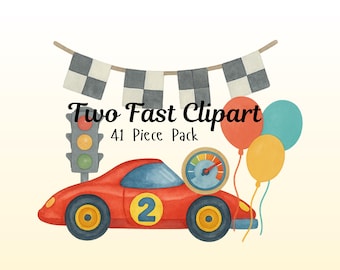 Two Fast Birthday Clipart Pack | Watercolor Clipart, Clipart Bundle, Birthday Clipart, Race Car Birthday, Second Birthday, Racing
