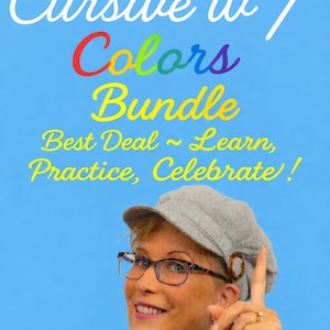 May include: Image features the text "Master Cursive w/ Colors Bundle" in white, red, yellow, and blue on a blue background. The text "Best Deal ~ Learn, Practice, Celebrate!" is also visible. A person is wearing a gray hat and glasses.