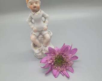 Vintage Boy Figurine Sitting on a Tree Stump Ceramic Made in Japan 4"